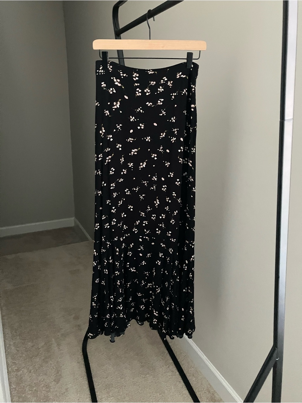 Free People Black Maxi Skirt with White Floral Print